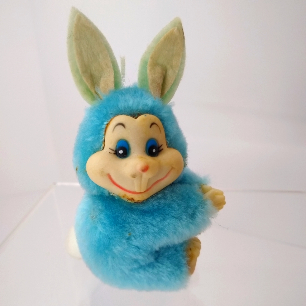 Vintage Blue Bunny Rabbit Pencil Hugger Grabber Plush Hard Plastic Face